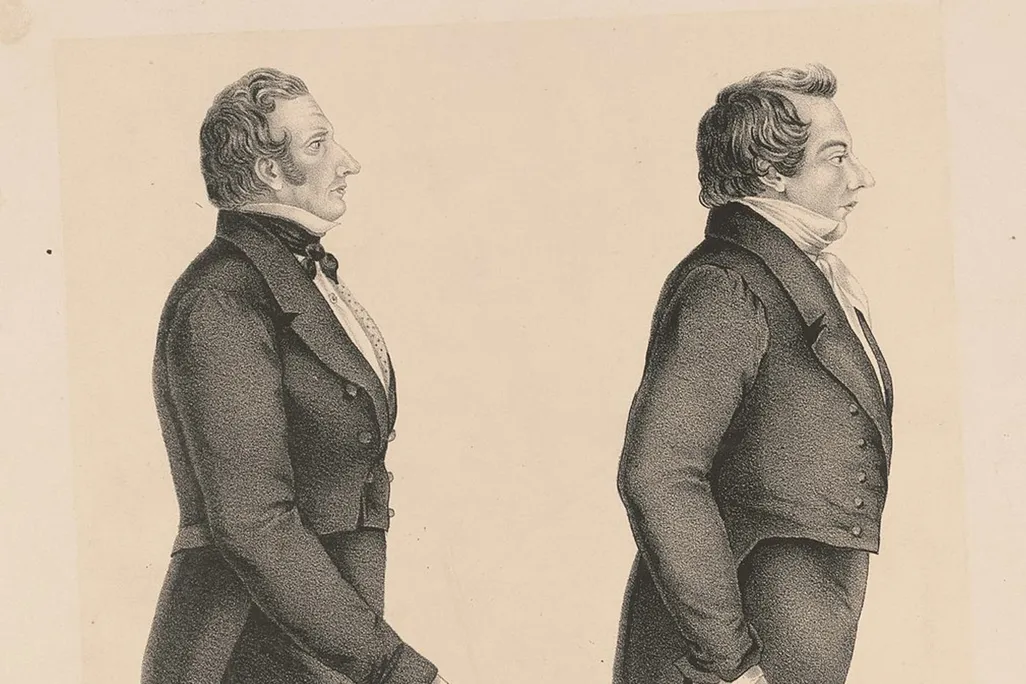 An illustration of Joseph Smith Jr. (right) and his brother Hyrum (left)