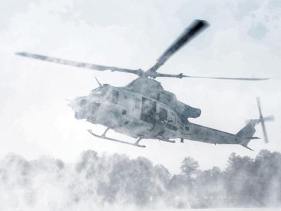 A Marine Corps Reserve UH-1Y makes ready to deploy troops as part of a poor-weather training exercise at Joint Base McGuire-Dix-Lakehurst in January 2017.