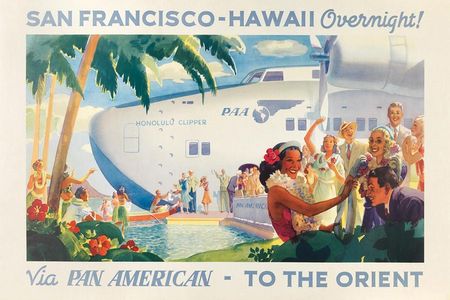 Happy passengers deplane from the Pan American Airways Boeing 314 "Honolulu Clipper" in a 1939 brochure. PAA offered weekly service between San Francisco and Hong Kong via Honolulu, Midway, Wake, Guam, Manila, and Macao. 
