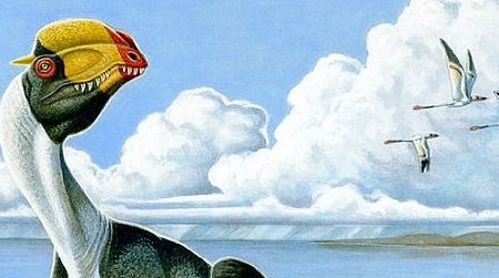 Dilophosaurus, in a restoration based on an impression found at St. George, Utah. Art by Heather Kyoht Luterman