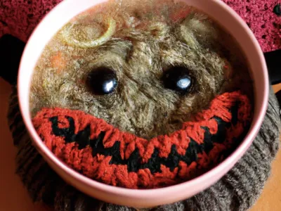 A soup bowl monster made of yarn, created by DALL-E 2.