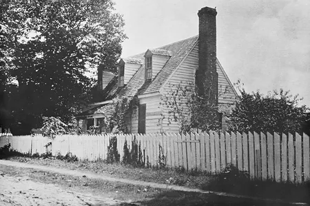 An early 20th-century photo of the building in its original location on Prince George Street in Williamsburg, Virginia