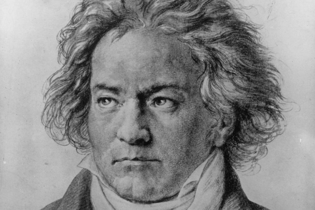 A black and white drawing of Beethoven
