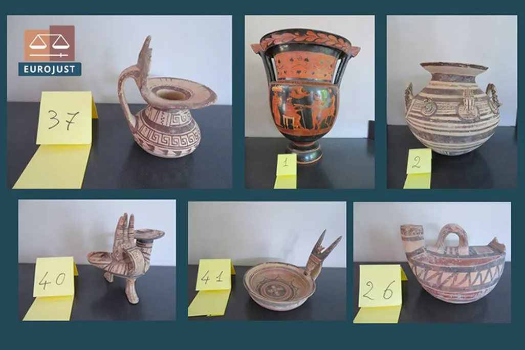A collage of six different pieces of ancient pottery, including ones that bear red and black decorations and others with striped and decorative motifs