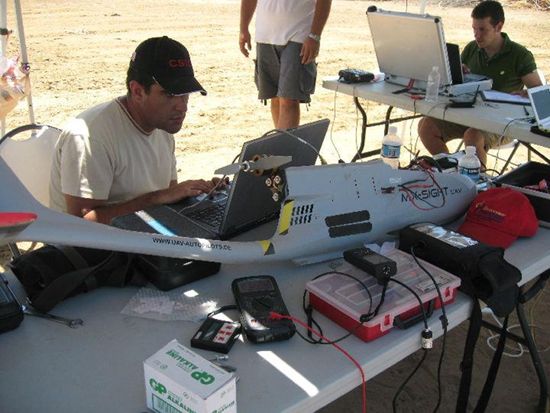 The unmanned drone’s flight is monitored from a laptop