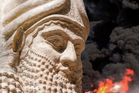 A human-headed winged bull from the eighth century B.C. Assyrian royal palace in Khorsabad. ISIS razed the city’s ruins last year.