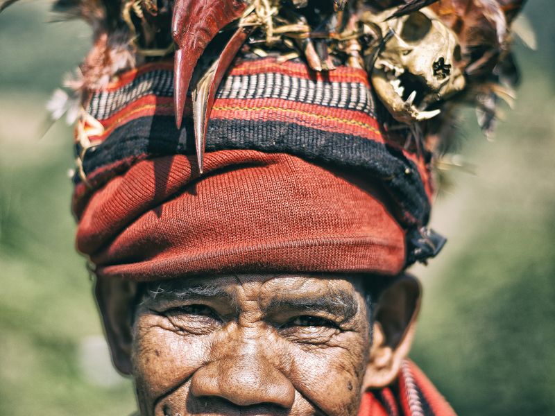 Ifugao tribe elderly in traditional costume at Banaue rice terraces ...