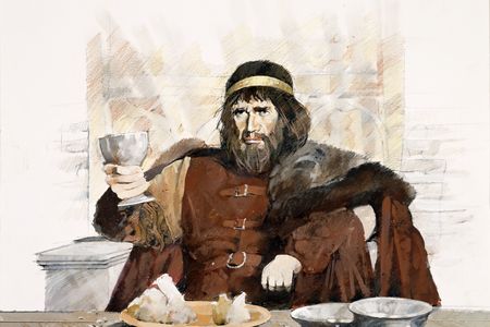 Drawing of an early medieval king eating and drinking at Tintagel Castle in England