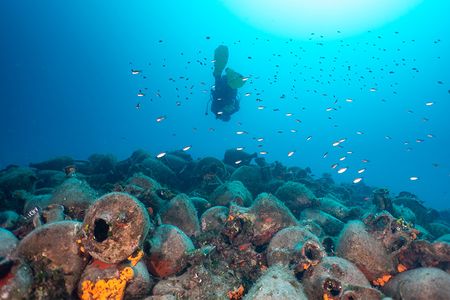 The wreck of an ancient Greek ship, the Peristera, rests at a depth of 92 feet below the water's surface.