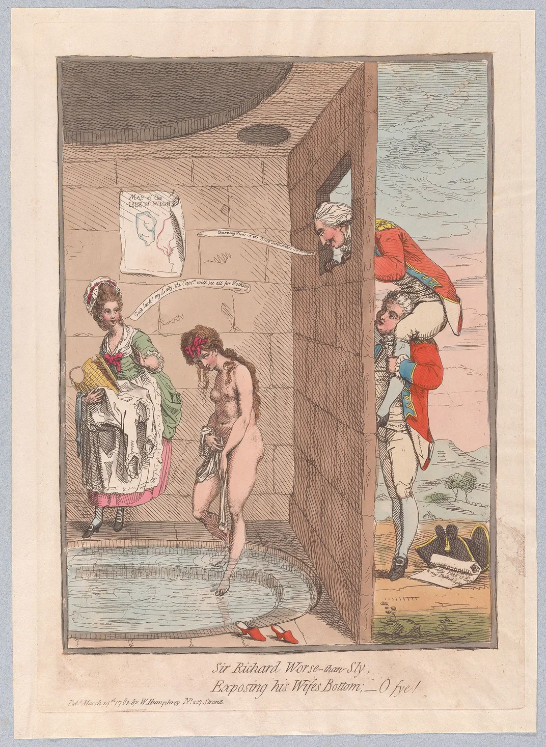 A satirical print of Sir Richard Worsley hoisting his wife's lover, George Bisset, onto his shoulders so Bisset can peer into the bathhouse where his wife is changing