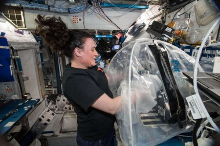 NASA astronaut Serena Auñón-Chancellor mixes cement samples for the MICS mission aboard the International Space Station.