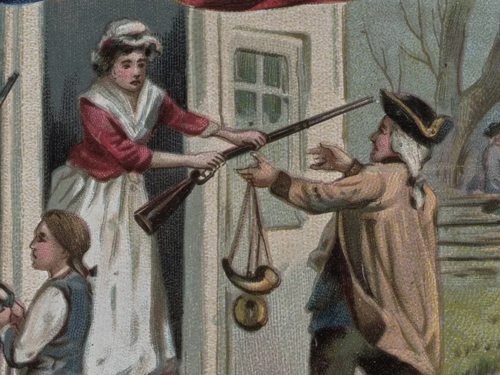 illustration of a woman handing a musket to a militiaman at the doorway of a home while a child stands nearby and soldiers gather in the background.