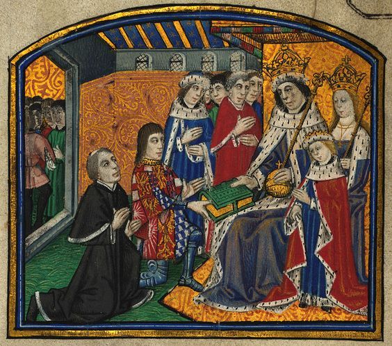 A miniature of Anthony Woodville, Second Earl Rivers (second from left), presenting a book to Edward IV, Elizabeth Woodville and Edward V