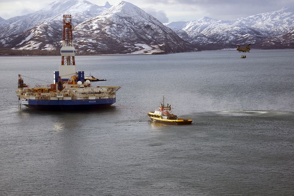 A Chinook helicopter caries supplies to the stranded Kulluk oil drilling platform in January.