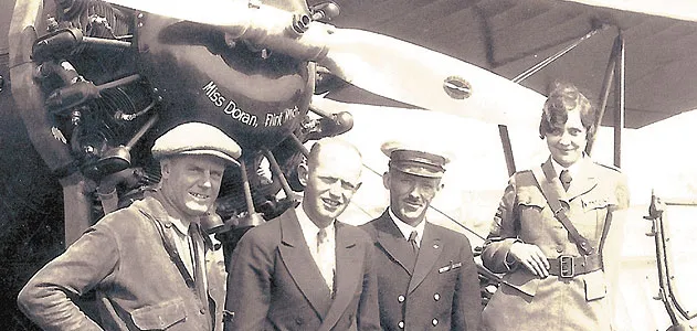 Left to right: Bill Malloska, the airplaneâs owner; Augie Pedlar, pilot; Manley Lawling, navigator, later replaced by Vilas Knope; and Mildred Doran, in classic uniform.