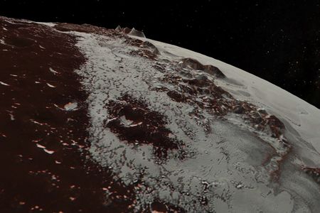 This still from an animation created by NASA shows some of the mountains and craters observed by the New Horizons satellite.