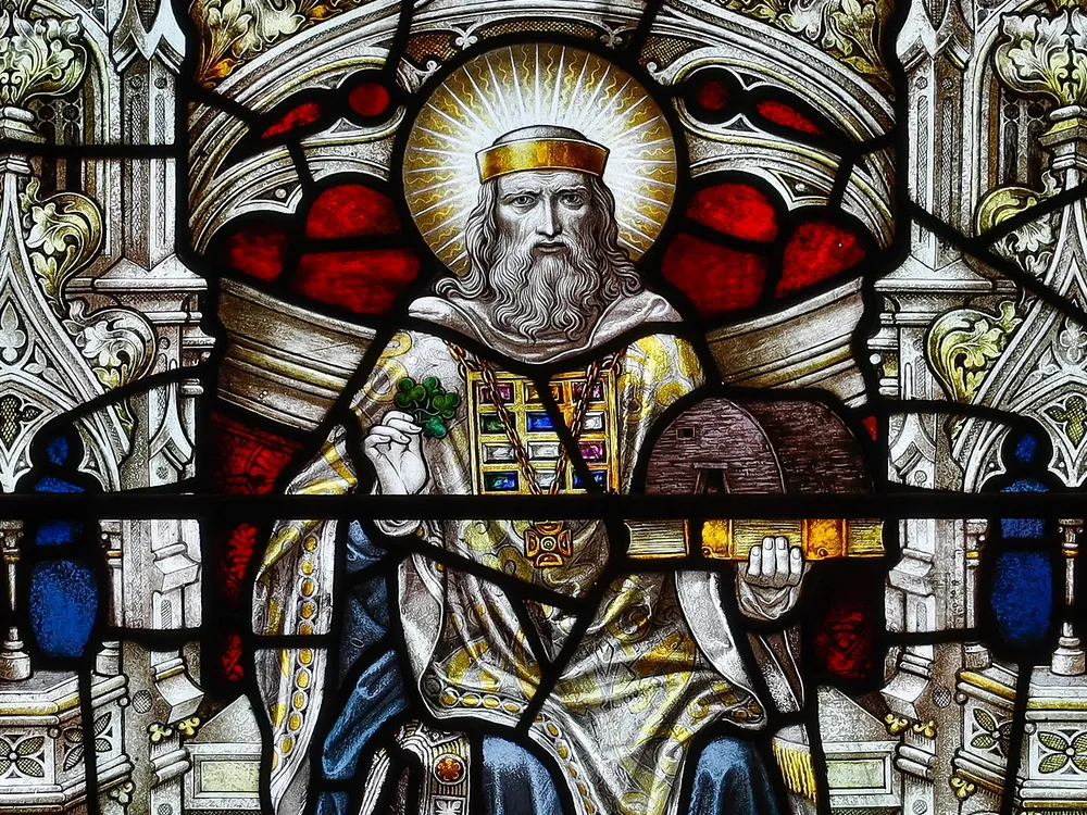 A stained-glass depiction of Saint Patrick