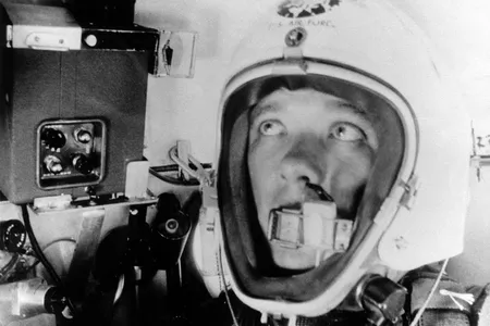 Self-photograph made by Maj. David Simons as he approached his record altitude in 1957.