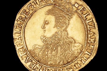A rare English gold pound coin dating to 1594-1596, with a portrait of Queen Elizabeth I.