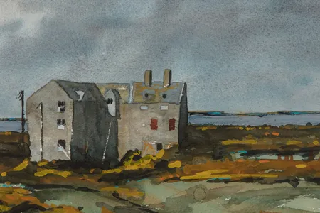 This watercolor of Huna Mill in Scotland is one of 79 paintings by Prince Charles on display at the Garrison Chapel in London.