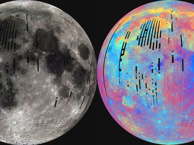 "True" color (left) and "false" color (right) images of the near side of the Moon from Clementine. "Blue" units in Mare Tranquillitatis (right middle of false color image) are ilmenite-rich lavas.