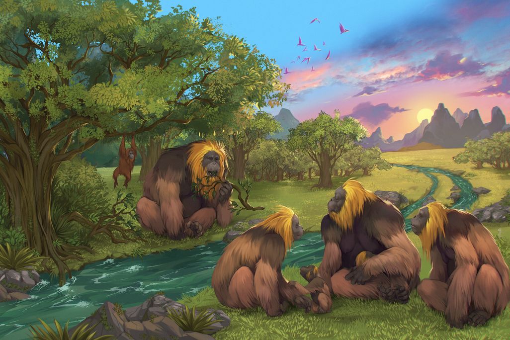 an illustration of large, orangutan-like apes near a river beside a forest