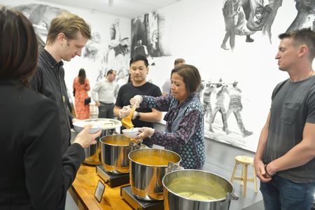 The colors of the curry refer to political groups at odds in contemporary Thailand—the red for the rural activists, the yellow for the royalists and the green for the ever-pervasive military. 