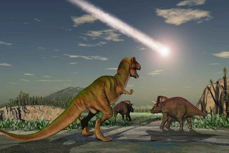 In an artist's interpretation, the forested and warm Late Cretaceous is abruptly destroyed by a six-mile wide asteroid. 