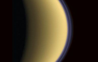 Titan’s orange haze, apparent even to cameras on the Saturnorbiting Cassini spacecraft, results from sunlight breaking down methane in the atmosphere.