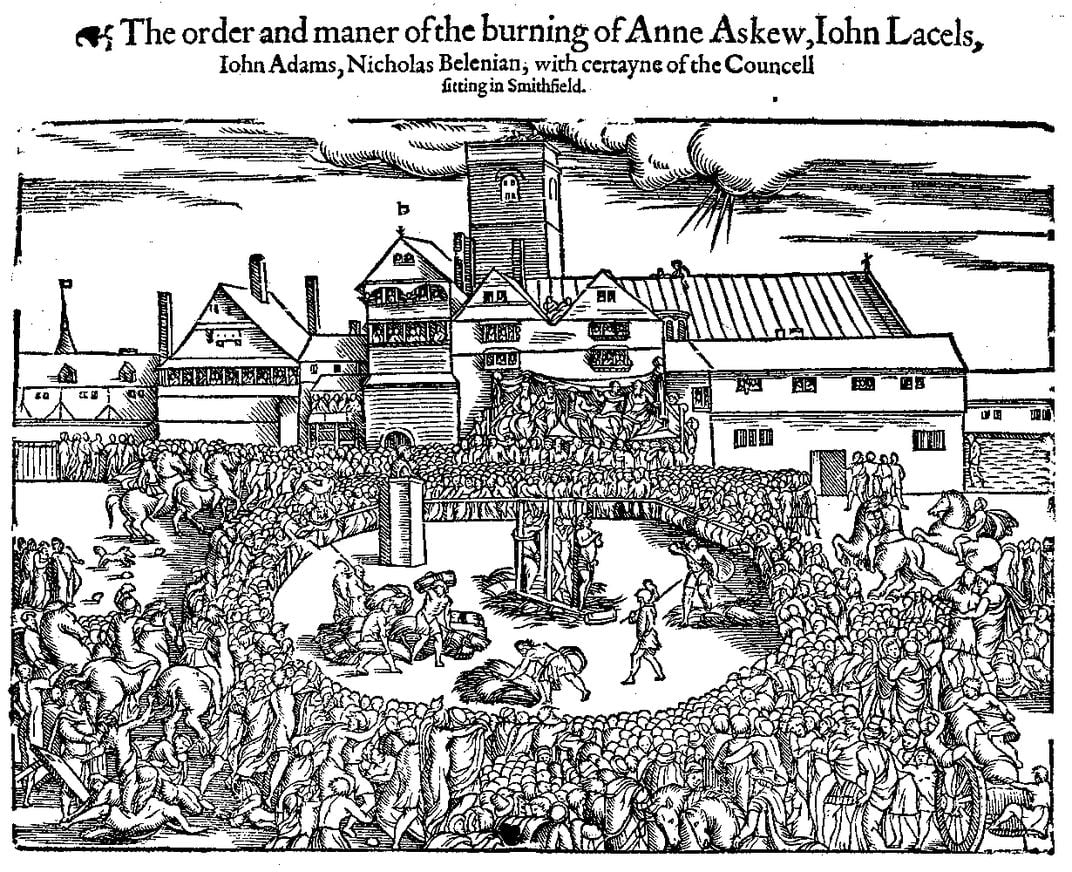 A woodcut of the executions of Anne Askew and three other Protestant heretics in July 1546