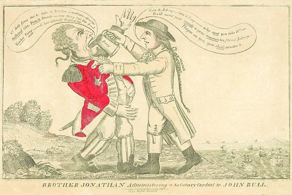 a sepia toned cartoon of two colonial era men fighting