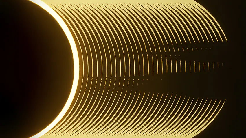 A time-lapsed picture of the moon covering the sun shows thin glowing gold rings emanating out from the dark moon at the left, with dark streaks through them