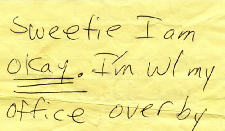 Excerpt from a handwritten note from Daria Gaillard to her husband, Frank, on September 11, 2001 (NMAH)
