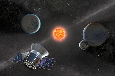 Illustration of NASA's Transiting Exoplanet Survey Satellite (TESS) observing an M dwarf star with orbiting planets.