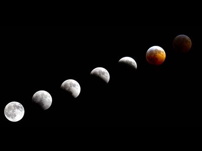 Sequential shots showing a 2010 lunar eclipse.