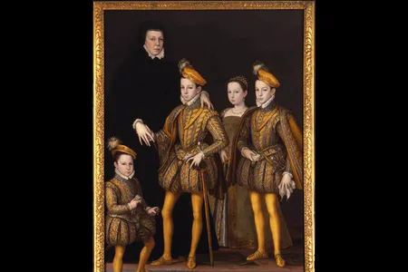This 1561 portrait depicts Catherine de' Medici standing alongside four of her children, including the newly crowned Charles IX.