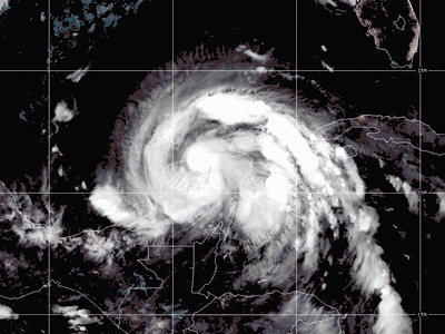 Satellite imagery of Tropical Storm Zeta as it passes over Mexico's Yucatan Peninsula. 