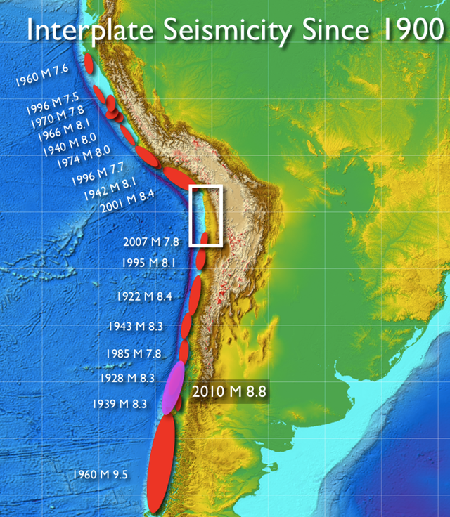 Yesterday's earthquake hit in the white box. Red blobs show previous earthquakes in the region. Photo: Matthew Pritchard and Richard Allmendinger, Cornell University