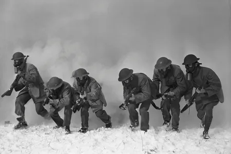 Soldiers of the 44th Division at Fort Dix, New Jersey, in a gas mask drill. The experiments however, exposed troops to chemical weapons without such protection. 