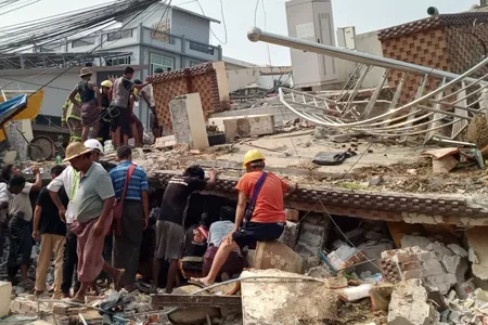 The Myanmar Fire Services Department conducts emergency search and rescue operations after the March 28 earthquake.