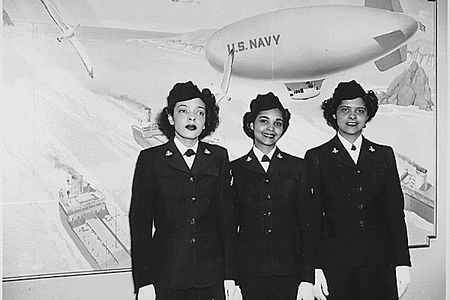 Hospital Apprentices second class Ruth C. Isaacs, Katherine Horton and Inez Patterson (left to right) were the first black WAVES to enter the Hospital Corps School at National Naval Medical Center, Bethesda, MD. Photographed March 2, 1945.