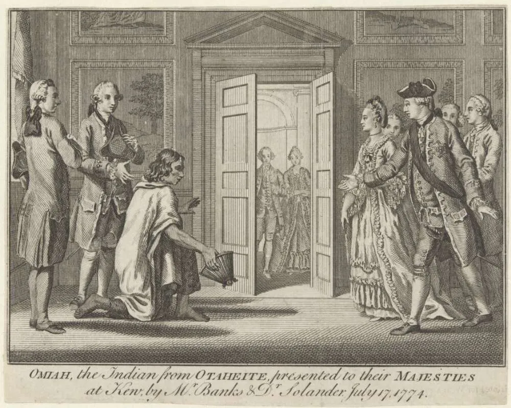 Engraving of Mai being presented to George III and Queen Charlotte