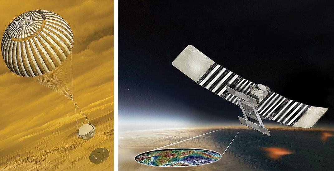 probe with parachute rendering; on right, a wide-winged orbiter over the surface of a planet