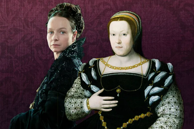 Illustration of Samantha Morton as Catherine de' Medici and the queen herself in a portrait by Santi di Tito