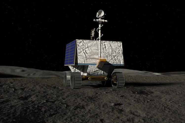An artist's concept of NASA’s Volatiles Investigating Polar Exploration Rover which resembles and box with wheels against a dark backdrop