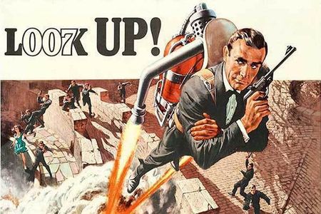 Detail from a promotional poster for Thunderball showing James Bond escaping with the help of a jet pack.