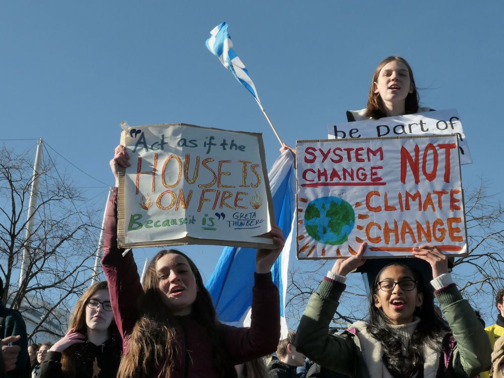 People gathered for a climate protest. There are several young people in the foreground holding signs that say: "Act as if the house is on fire because it is" and "System change not climate change."