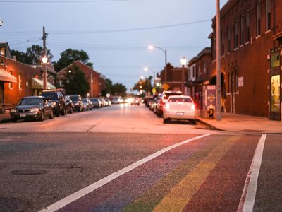 A rainbow-colored crosswalk in St. Louis, Missouri.