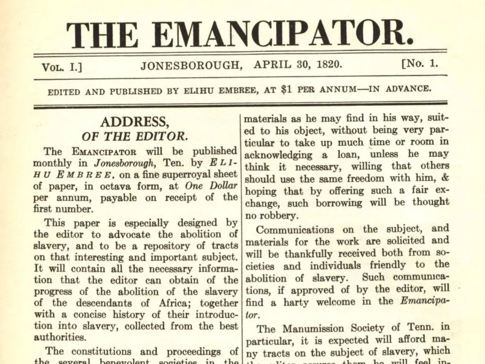 A screenshot of the first page of a nineteenth century pamphlet, with large font that reads THE EMANCIPATOR on top and an Address of the Editor, followed by two columns of text