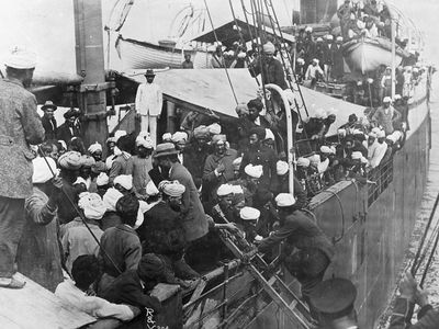 Sikh passengers aboard the Komagata Maru in Vancouver's Burrard Inlet, 1914.